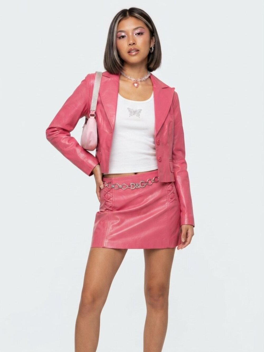Vintage Y2K Cache 12/6 Bubblegum Frost Pink Leather Outfit Set Suit Barbie Glam